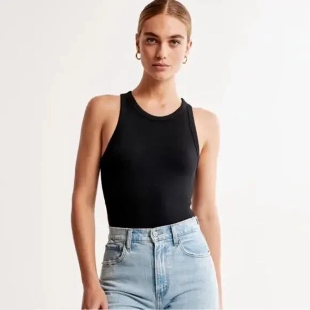 Black Ribbed Racerback Bodysuit, Abercrombie & Fitch, Size L